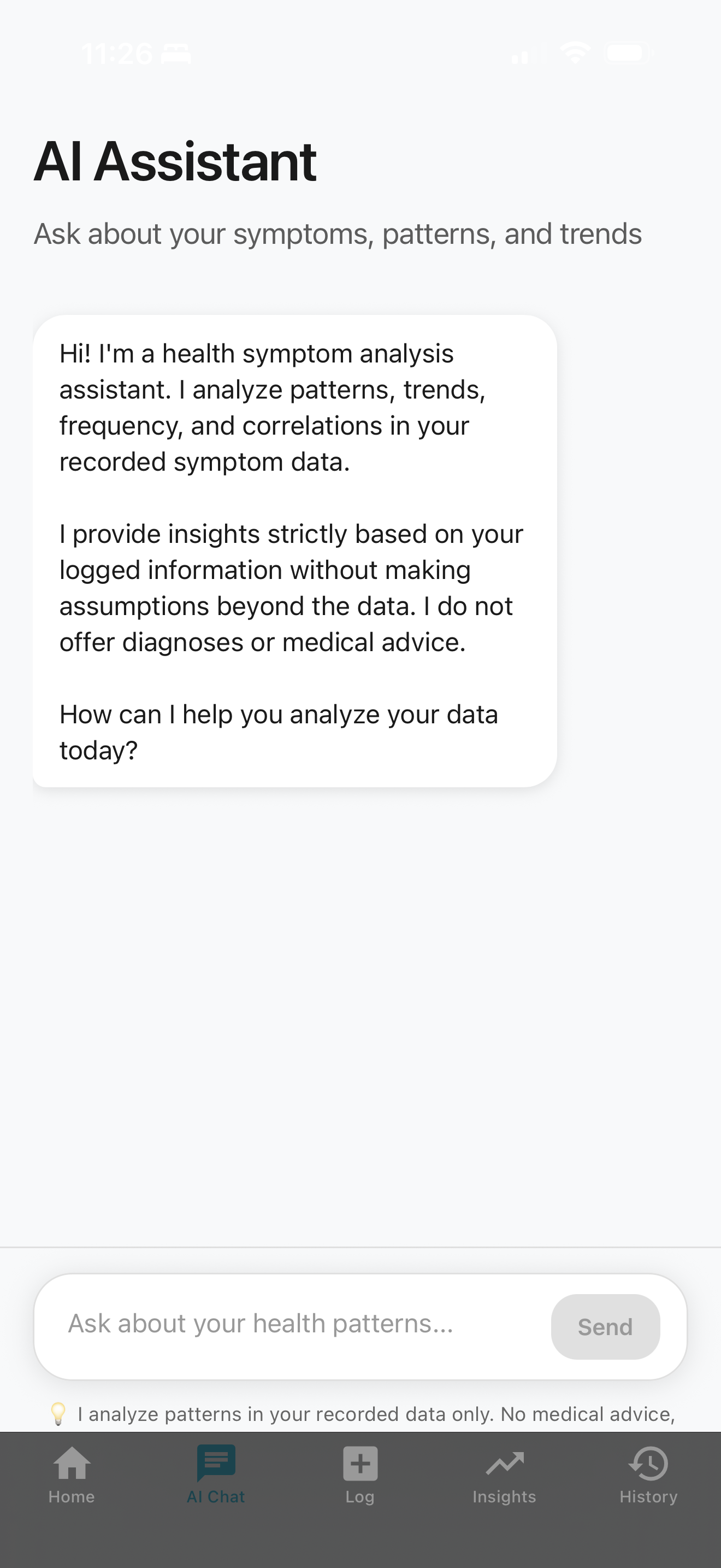 Symaura AI assistant analyzing health patterns and providing data-grounded insights