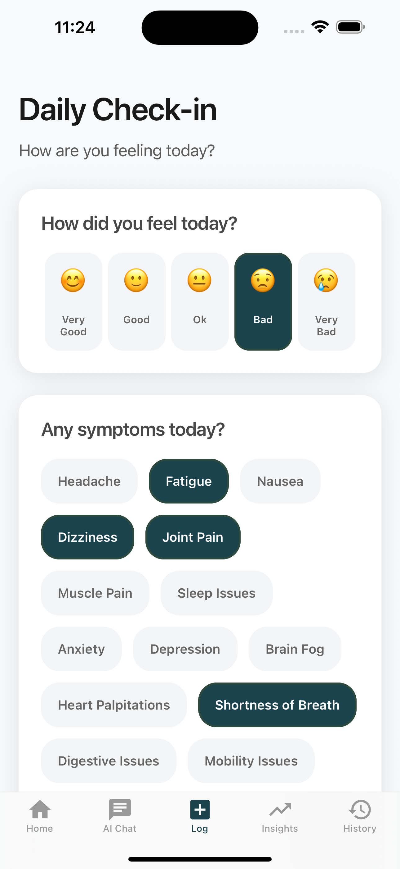 Symaura daily check-in screen showing mood selection and symptom tracking