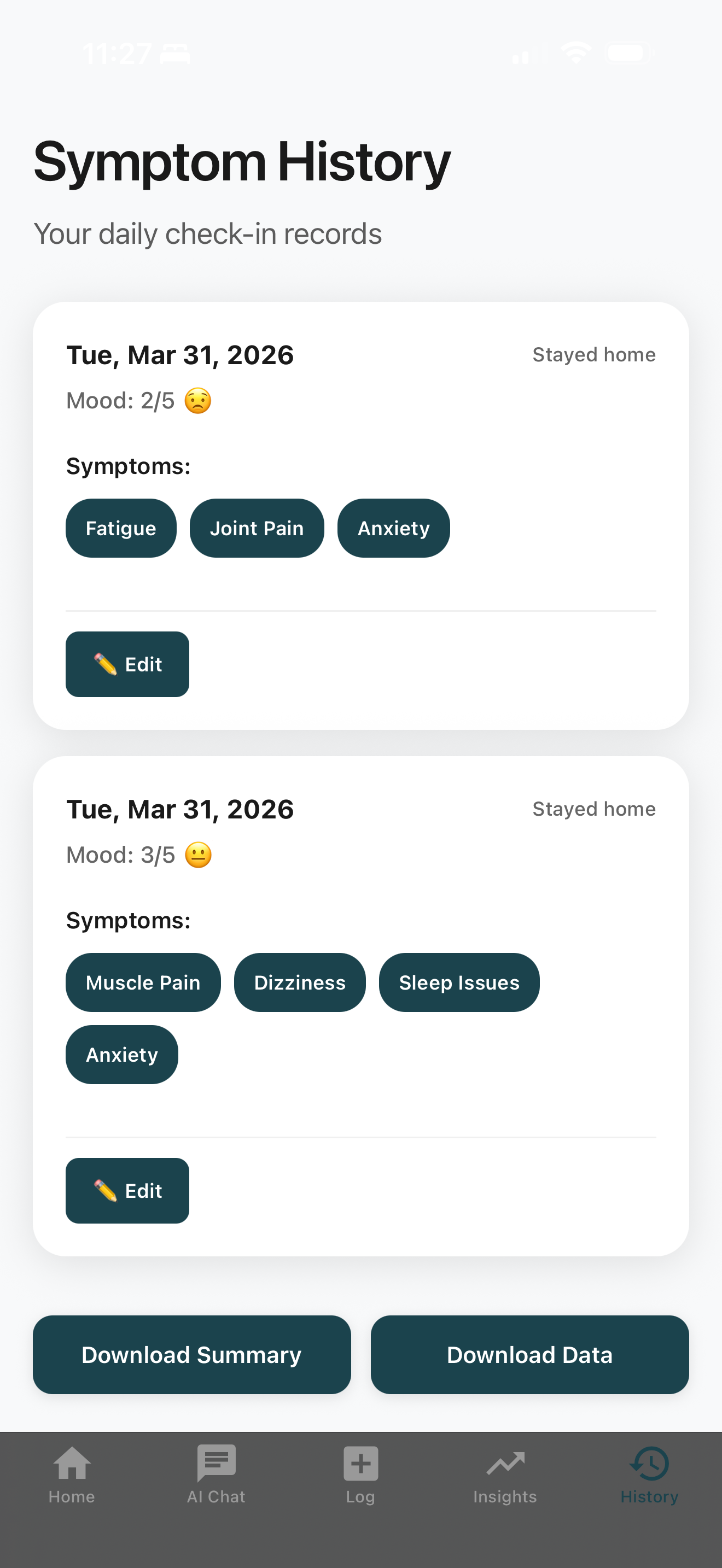 Symaura history screen showing daily check-in records with symptoms and mood