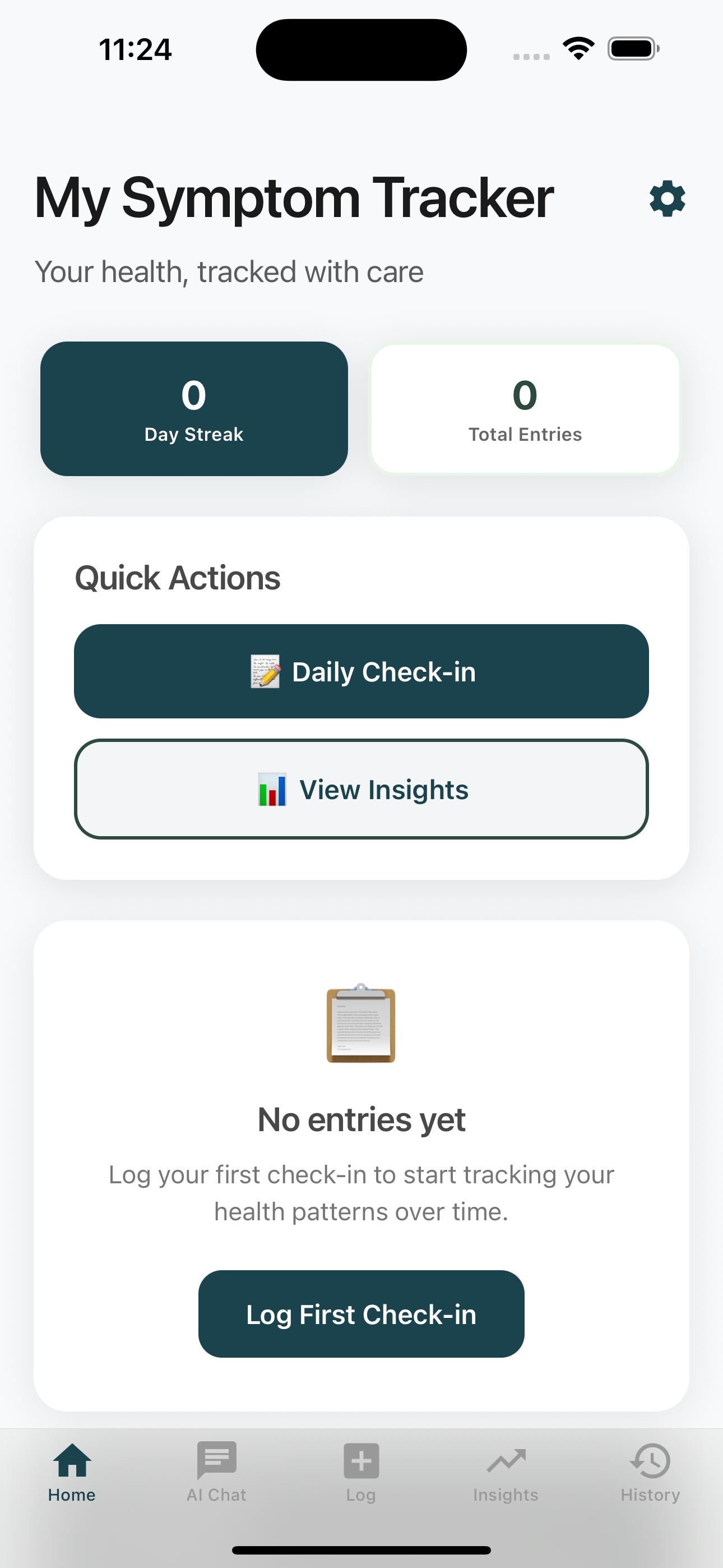 Symaura home screen with day streak, quick actions, and log first check-in